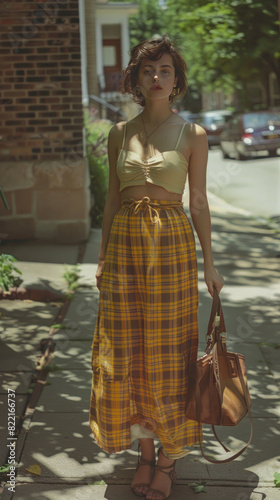 Hasselblad photography of A woman is wearing a yellow plaid skirt and holding a brown bag. She is standing on a sidewalk and she is posing for a photo.