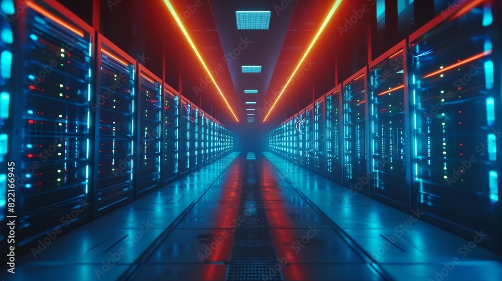 Here is a view of a working data center with rows of rack servers. The led lights are blinking and the computers are working.