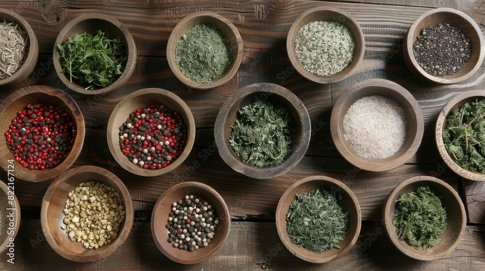 Herbs and spices artfully arranged in miniature vessels on a wooden tabletop, providing an inviting template for food-related content.