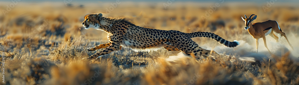 Cheetah chasing antelope: A stunning photo realistic concept capturing the world s fastest land animal in full sprint pursuing an antelope across the plains, emphasizing speed and 