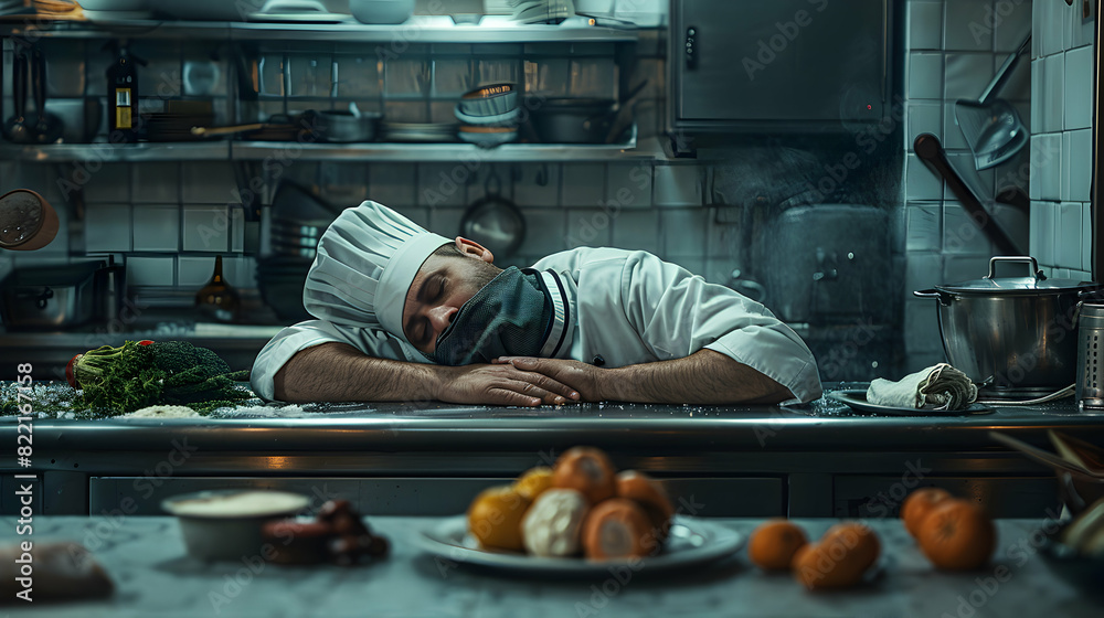 Photo realistic of Chef napping in kitchen to illustrate the demanding physical nature and long hours in culinary arts