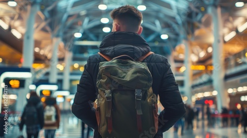 A Man. Handsome young man carries a backpack at the airport. Waiting to board the plane, walked past