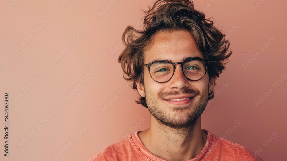 Young attractive man with a wonderful smile wearing fashionable spectacles against a neutral background with enough of copy space. generative Young attractive man with a wonderful smile wearing fashionable spectacles against a neutral background with enough of copy space. generative