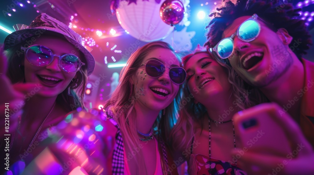 Taking a collective selfie at the Wild House Party. The party has neon lights, a disco ball, and funny costumes.