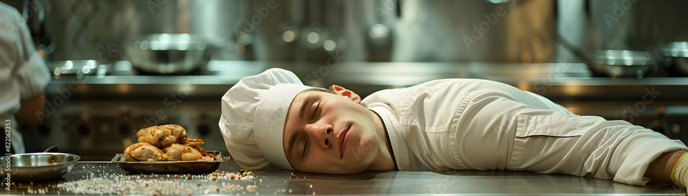 A chef napping in a busy kitchen: a photo realistic portrayal of the physical demands and long hours in culinary arts A chef napping in a busy kitchen: a photo realistic portrayal of the physical demands and long hours in culinary arts