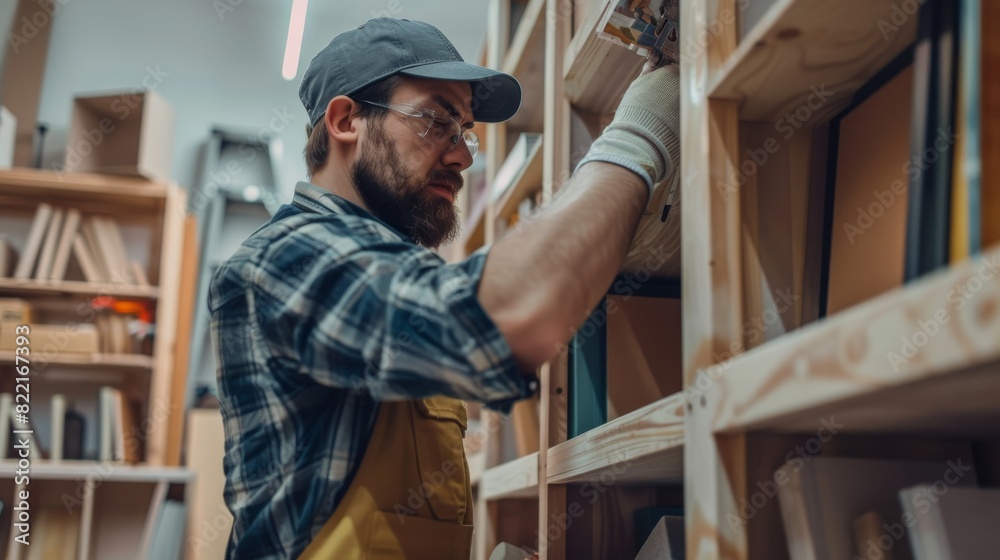 Professional handyman assembling bookshelf for people moving into new homes. Professional handyman doing assembly job well, helping people get settled in their new homes.