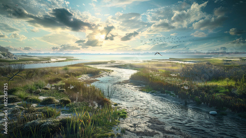 a peaceful estuary  where a river meets the ocean  creating a haven for diverse wildlife