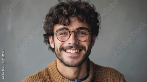 Young attractive man with a wonderful smile wearing fashionable spectacles against a neutral background with enough of copy space. generative