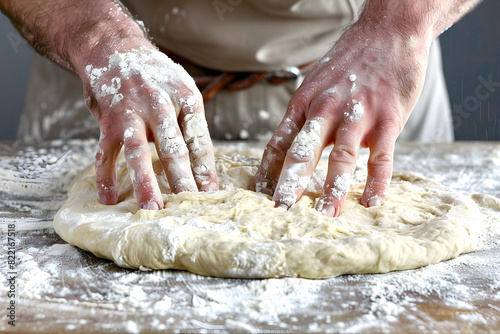 a person's hands kneading homemade pizza dough on a floured surface, preparing to create a delicious and customizable meal