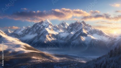 A mountain range is in the distance with a valley in the foreground. The sky is blue and there are clouds. The mountains are covered in snow.