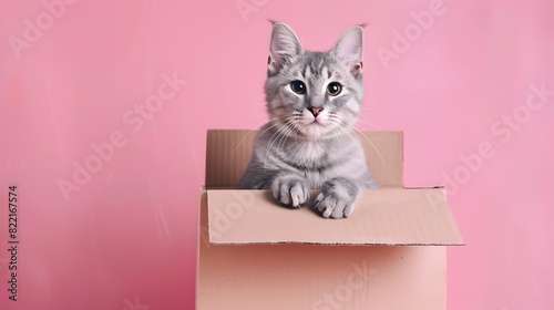 American Shorthair Cat as Mail Carrier Sitting in Cardboard Box on Pastel Pink Background
