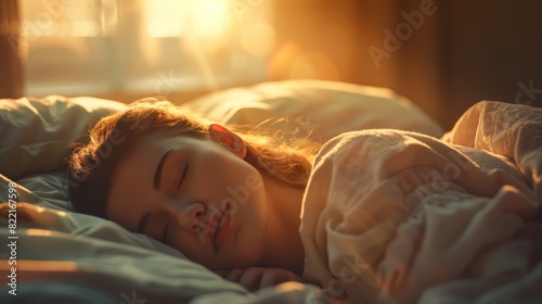 An attractive brunette sleeps in her bed for a while while early morning sunrays illuminate her. A warm, cozy and sweet picture of a beautiful girl sleeping in her bed. photo