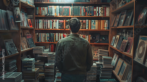 A man s passion for nostalgia: Vintage record collector captured in a timeless and classic photo realistic image, showcasing the art of collecting old records in the Adobe Stock co photo