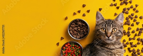 Adorable cat with bowls of colorful kibble and treats, posing on a bright yellow background. Perfect for pet care promotions and feline food brands photo