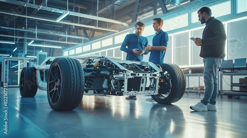 Engineering crew talking about electric car chassis prototype in Automotive Innovation Facility. Concept vehicle frame includes tires, suspension, engine and battery. © Антон Сальников