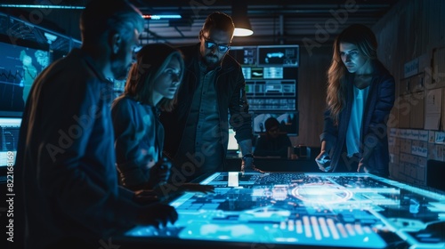 In the monitoring room, a team of government intelligence / FBI agents are seated around a digital touch screen table, tracking suspect vehicles using satellite surveillance. photo