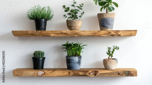 Interior design details. Brown wooden raw edge floating shelves hanging on white wall. Green potted house plants standing on shelfs.