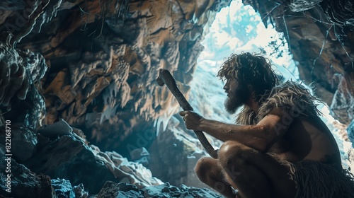 The Neanderthal Hunts for Animal Prey in the Jungle. Primeval Caveman Wearing Animal Skin Holds Stone Hammer, stands near cave and looks around prehistoric landscape, ready to hunt animal prey. photo