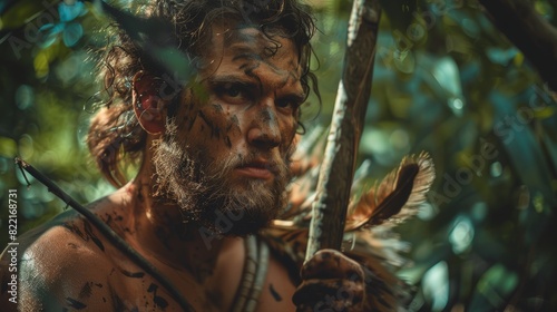 A caveman wearing animal skin holds a stone-tipped spear and looks around, exploring prehistoric forests in search of prey. A Neanderthal goes hunting in the jungle. photo