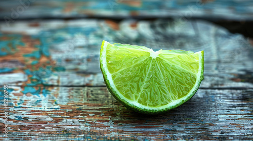 Juicy Lime Slice on Wooden Table - A Refreshing Tropical Ingredient.