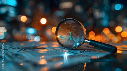 A magnifying glass over newspaper clippings and graphs, representing the idea of enhanced search technology for news content.
