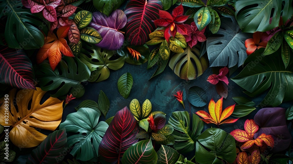 colorful tropical leafs background, top view colorful tropical leafs background, top view