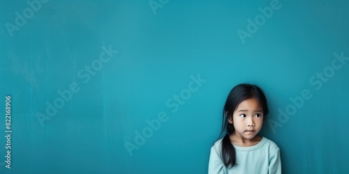 Aqua background sad Asian child Portrait of young beautiful in a bad mood child Isolated on Background, depression anxiety fear burn out health issue problem mental overstrained overwhelmed concept photo