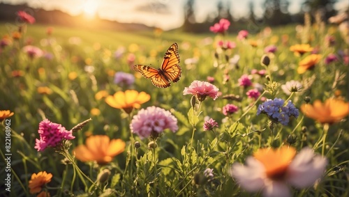 This is a nature scene of a meadow with many flowers of different colors, such as yellow, orange, white, and purple. There is a blue butterfly on a stalk near the center of the image, and the sun can 