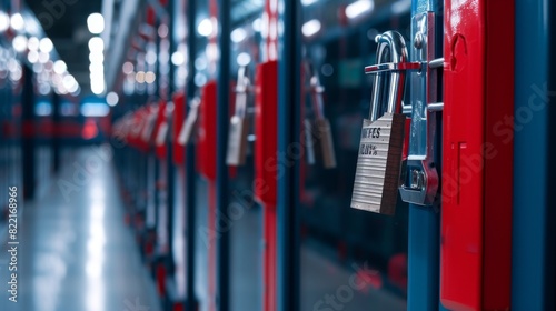 A dimly lit corridor lined with vibrant red lockers, each fitted with a padlock, evoking a sense of security in a public space.