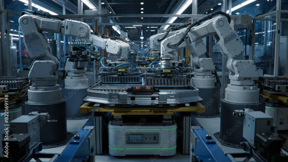 Front View of Industrial Robot Arms Assemble Lithium-Ion EV Battery Pack Inside Automotive Smart Factory. White Robotic Arms at Automated Production Line. Electric Car Manufacturing Line.