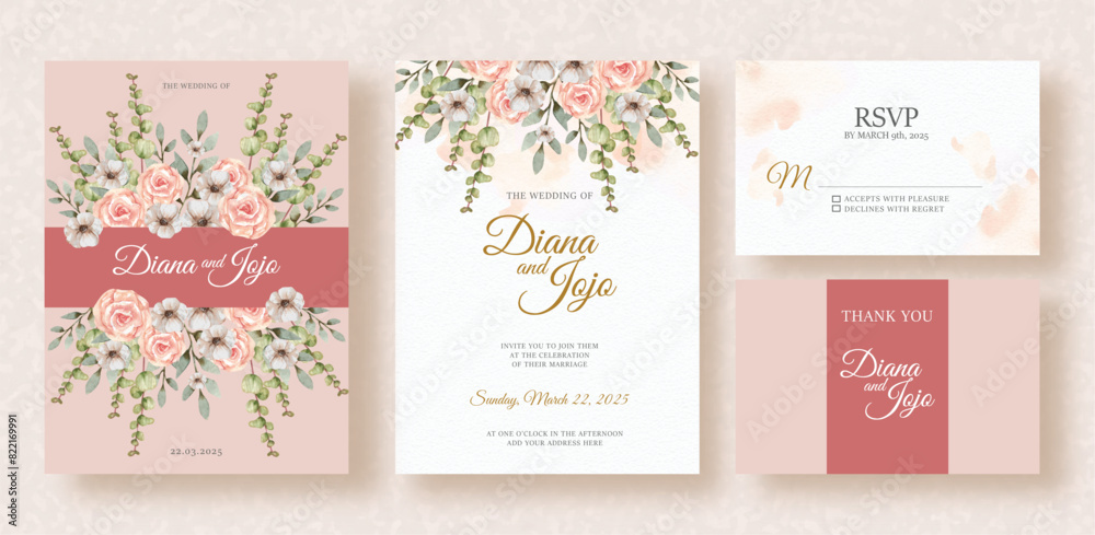 beautiful hand painting ornament florals with red ribbon on wedding invitation background