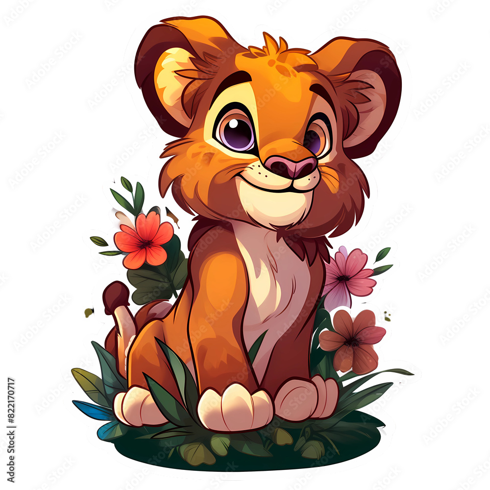 Obraz premium Cute Baby lion Cozy Sticker, cute floral on transparent background