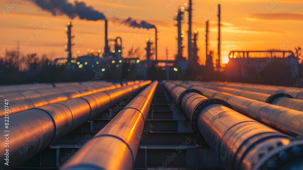 A row of oil pipes with an industrial plant in the background at sunset.
A row of oil pipes with an industrial plant in the background at sunset.
