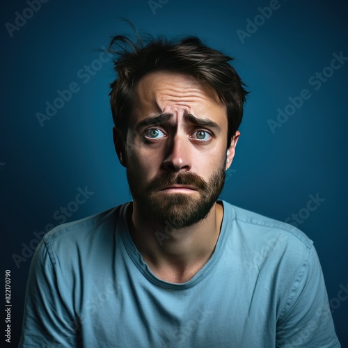 Azure background sad european white man realistic person portrait of young beautiful bad mood expression man Isolated on Background depression anxiety fear burn out health issue problem mental 