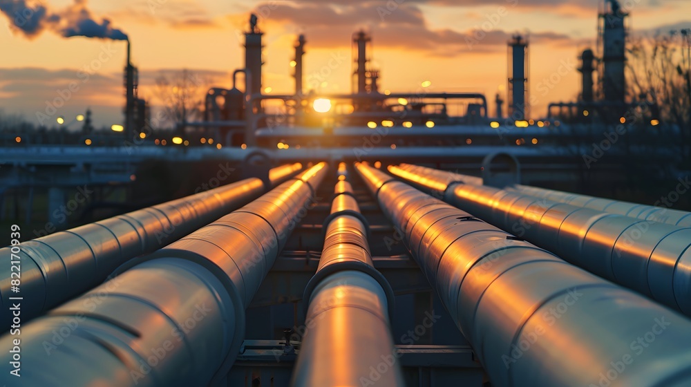 A row of oil pipes with an industrial plant in the background at sunset.
