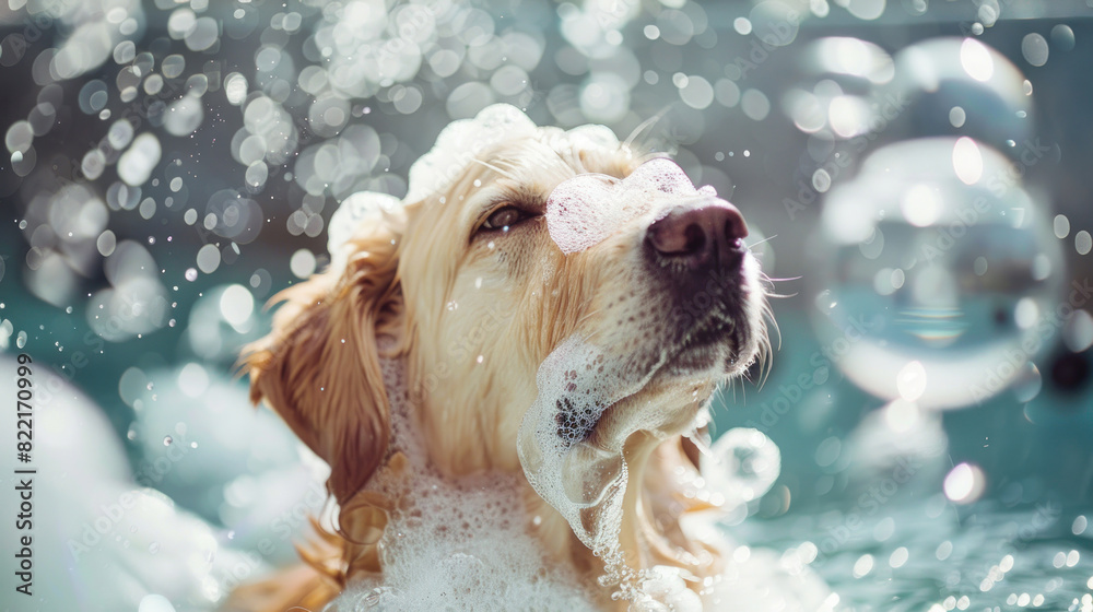 Pet dog in the midst of bath time, enjoying the bubbles and splashes with pure delight, highlighting the joy and lightheartedness of the grooming ritual. Pet dog in the midst of bath time, enjoying the bubbles and splashes with pure delight, highlighting the joy and lightheartedness of the grooming ritual.