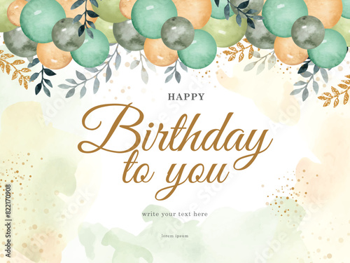 happy birthday greeting card with balloons and florals painting background template
