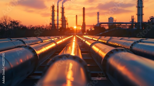 A row of oil pipes with an industrial plant in the background at sunset. 