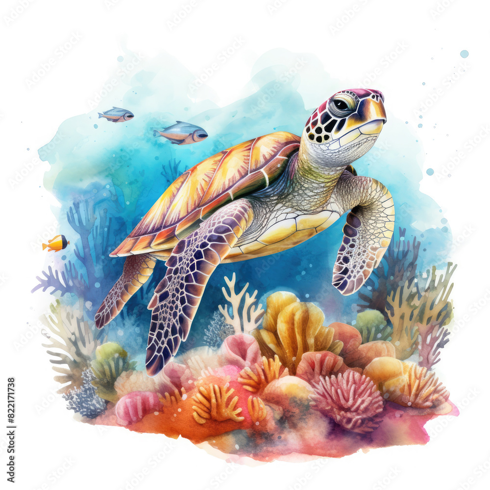 Obraz premium Watercolor Coral Reef Sea Turtle Fish, clipart Illustration, Generative Ai