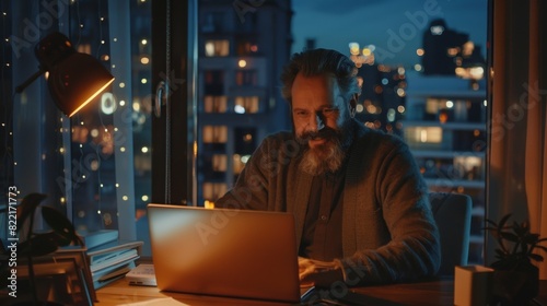 A handsome middle aged bearded businessman prepares a laptop for work while working from a cozy studio with a window view of the city at night. © Антон Сальников