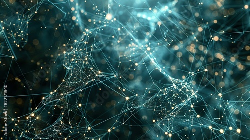 Abstract tech background with interconnected cyber cells and artificial neural connections, showcasing a quantum computing network system and global electronic intelligence.