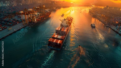 A cargo ship with containers docked at a port, showing an industrial logistics and transportation concept. A vibrant cityscape is seen in the background during sunset. 