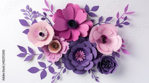 Paper flowers depicted in 3D clipart style, set against a pristine white backdrop.