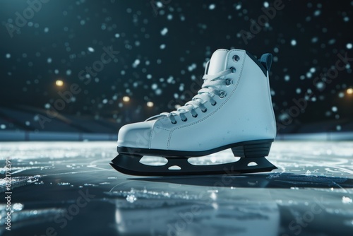 Pristine White Ice Skates on Sparkling Ice Rink Under Stadium Lights: A Perfect Moment in Winter Sports