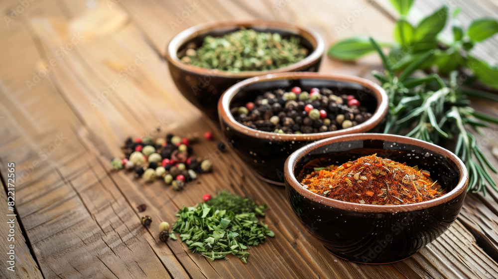 Small bowls filled with fragrant herbs and spices set on a wooden surface, offering space for personalization or branding. Small bowls filled with fragrant herbs and spices set on a wooden surface, offering space for personalization or branding.