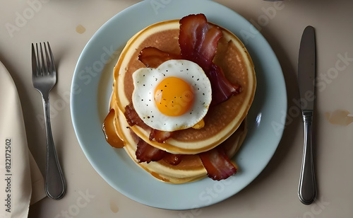 fried eggs and bacon, With the food prepared with bread flour, with the fried eggs, honey