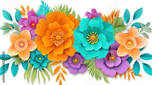 Paper flowers depicted in 3D clipart style, set against a pristine white backdrop.