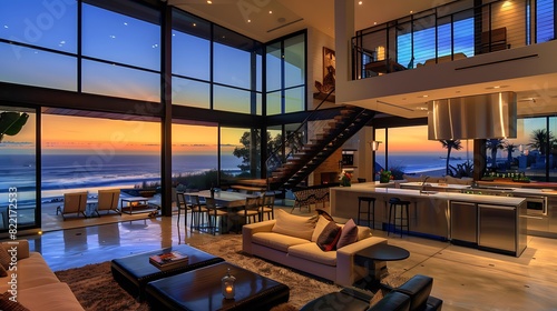 Photo of an open plan living room and dining area in a luxury modern house with floor-to-ceiling glass windows overlooking the ocean at sunset