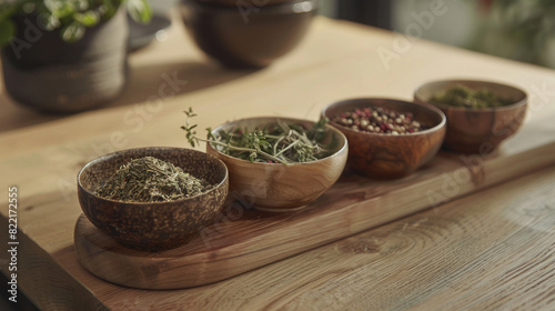 Small bowls filled with fragrant herbs and spices set on a wooden surface, offering space for personalization or branding.