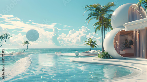 A futuristic resort offering digital detox programs combining advanced technology and relaxation for a balanced wellness experience, presented in a photo realistic concept of digit photo